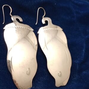 Sterling Silver Large Chile Pepper Dangle Earrings Signed